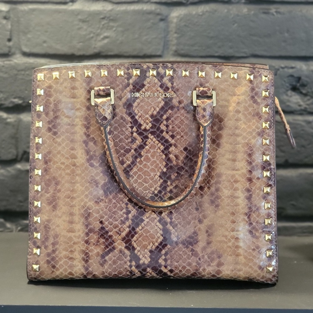 Michael‎ Kors Snakeskin Studded Satchel Top Handle Purse Handbag Brown Gold